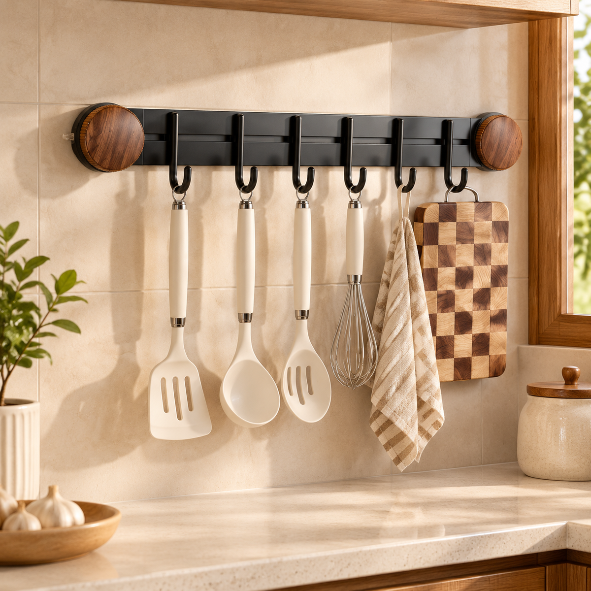 Wood-Grain Kitchen Hook Rail with 6 Hooks