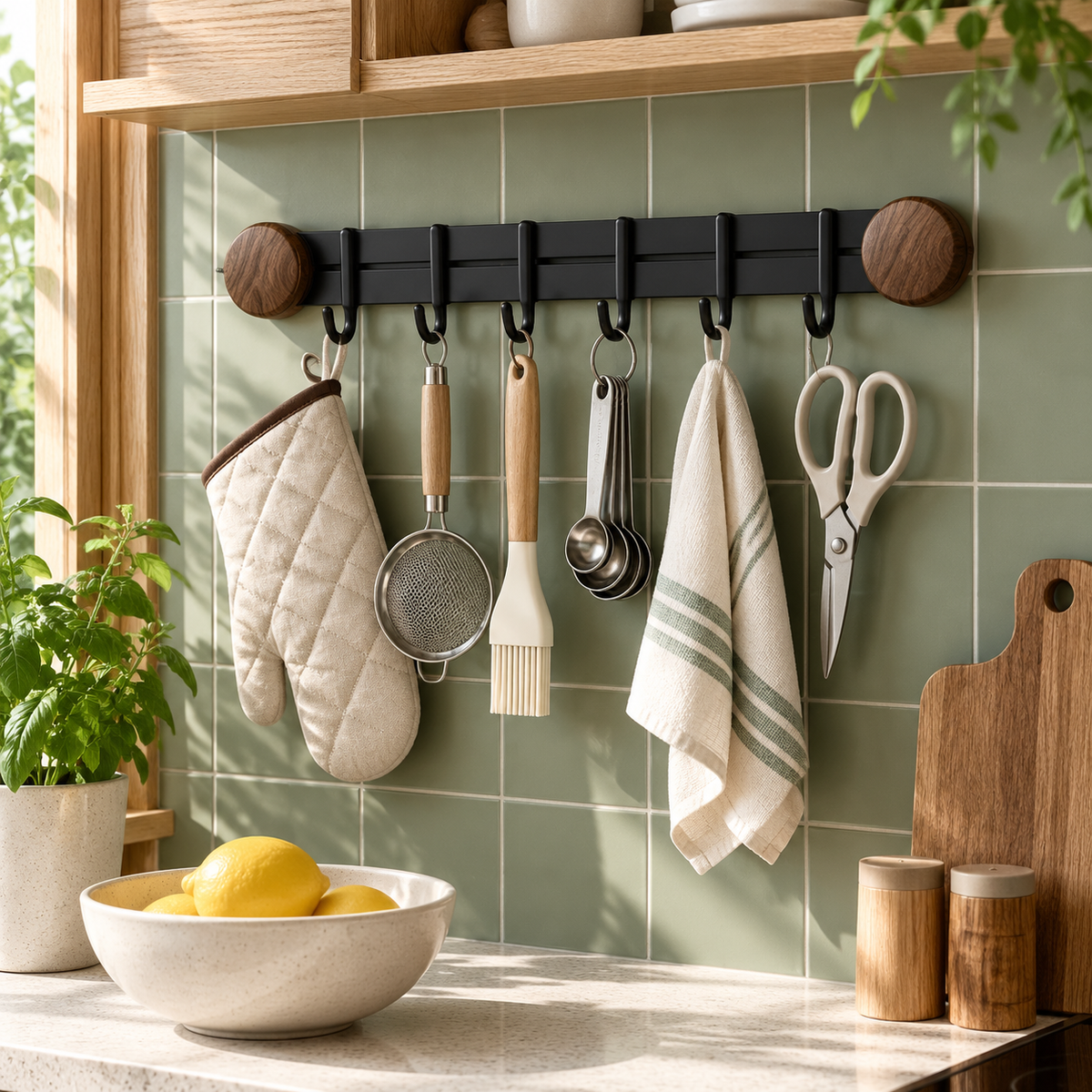 Wood-Grain Kitchen Hook Rail with 6 Hooks