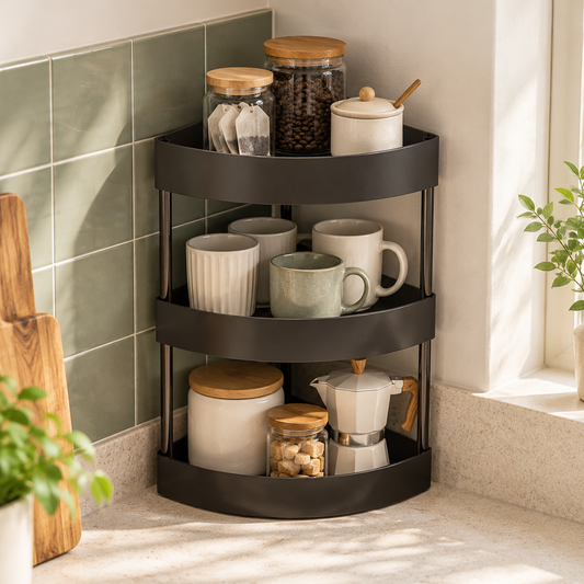 Black Three-Tier Corner Countertop Organizer